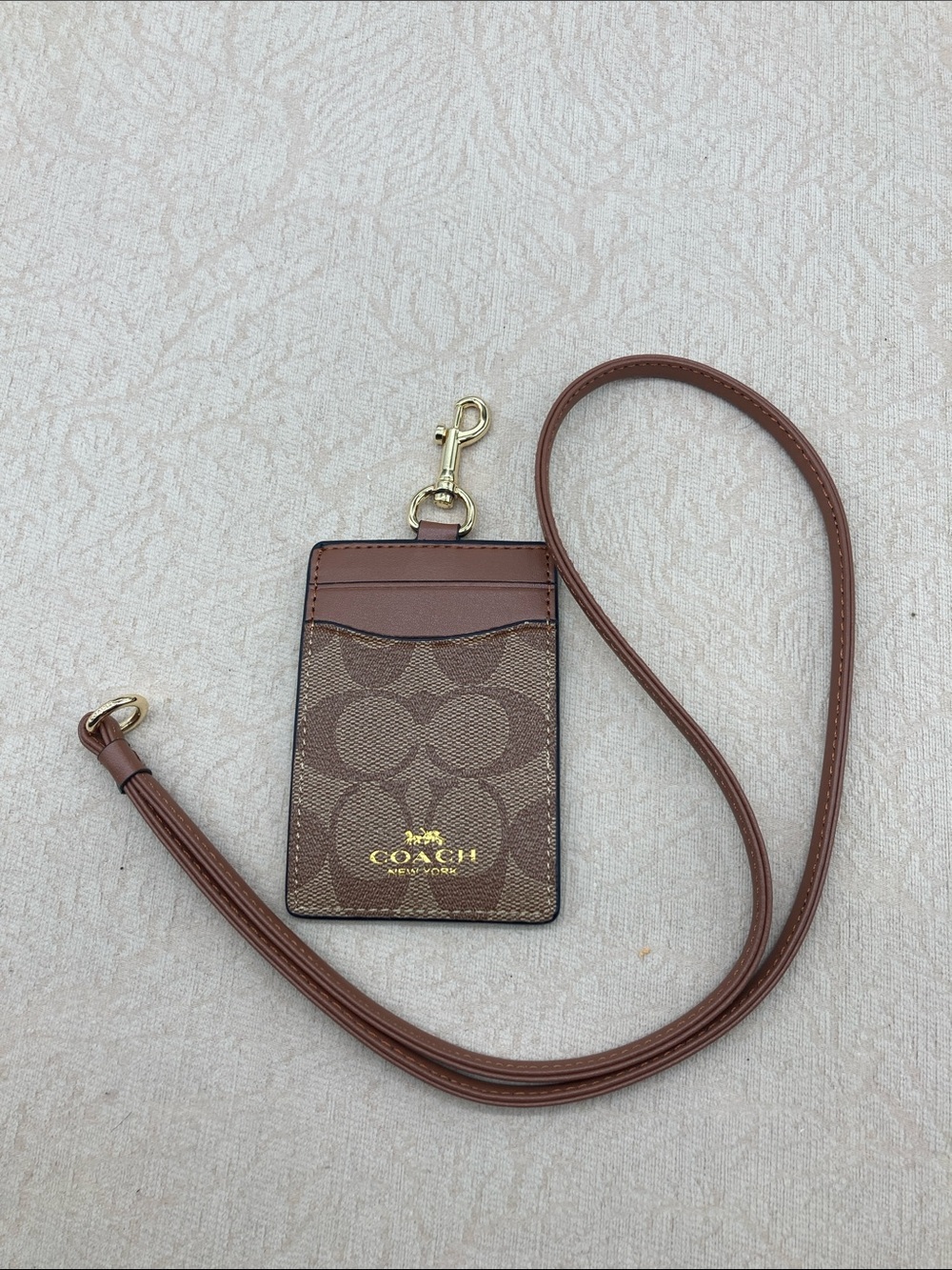 Coach Brown Signature Lanyard Card Holder with Gold Hardware